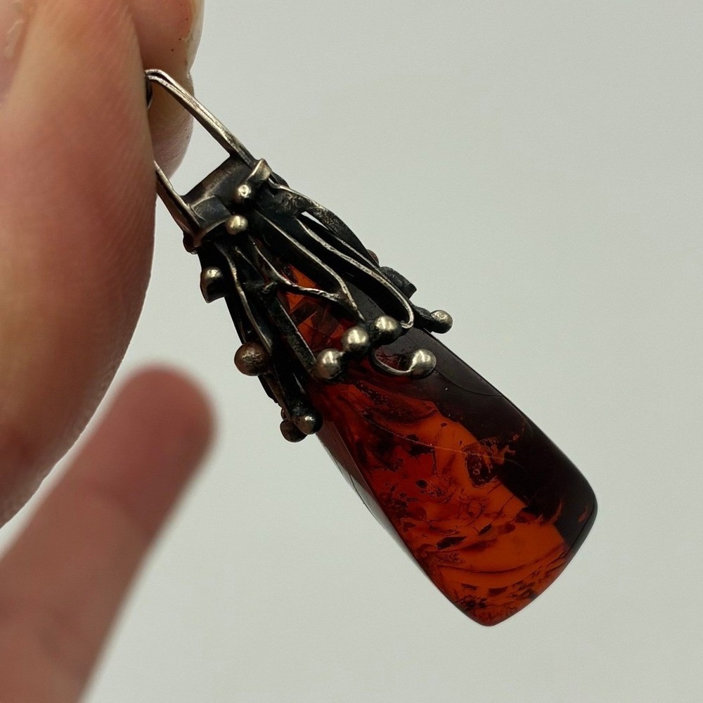 Vintage Artisan Cherry Amber Resin Gothic Silver Tone Wire Wrap Pendant Charm